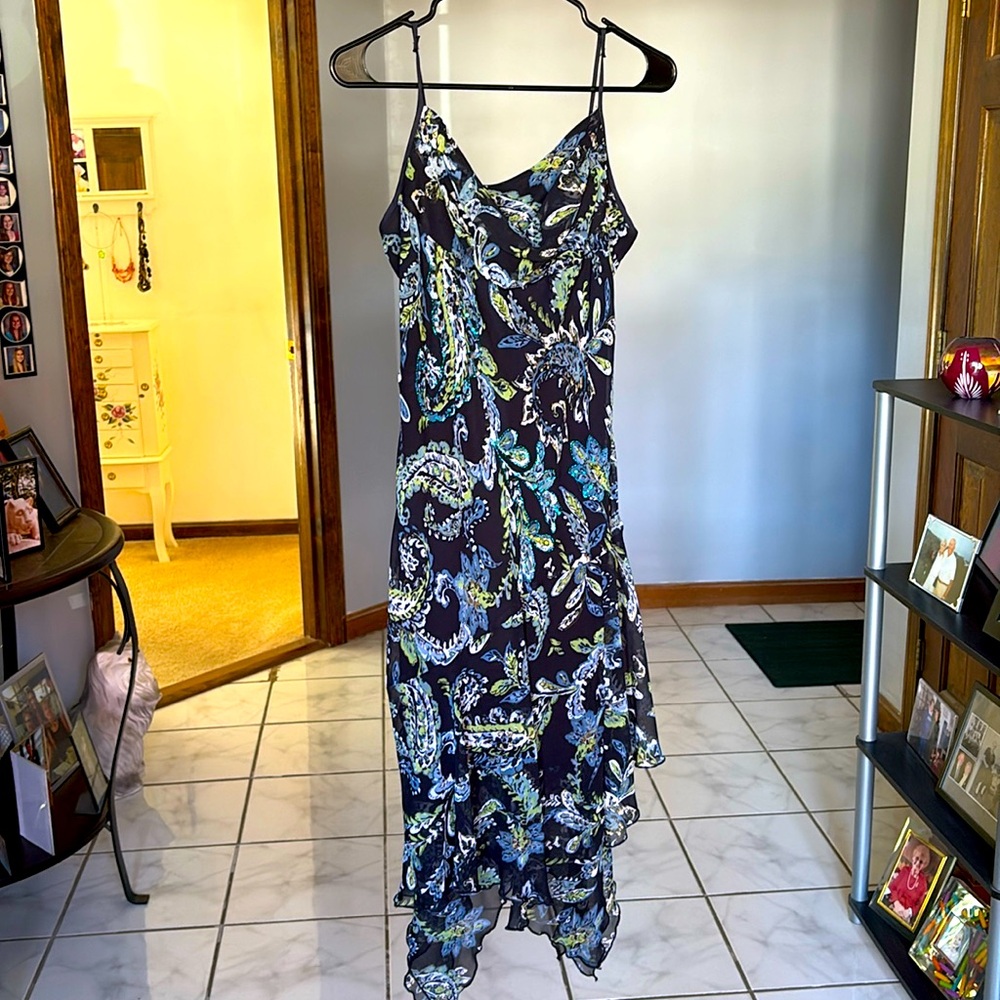 Dress Barn Size Large calf length blue and green designed dress
